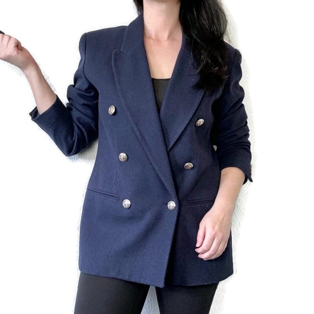 Vintage Navy Blue Wool Double Breasted Longline Blazer Size 12